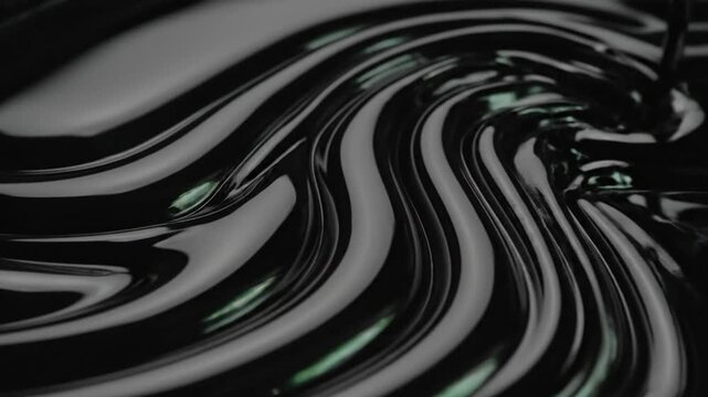 Abstract background of thick black viscous liquid with wavy glossy ridges and dark green reflections for industrial oil or cosmetic gel texture