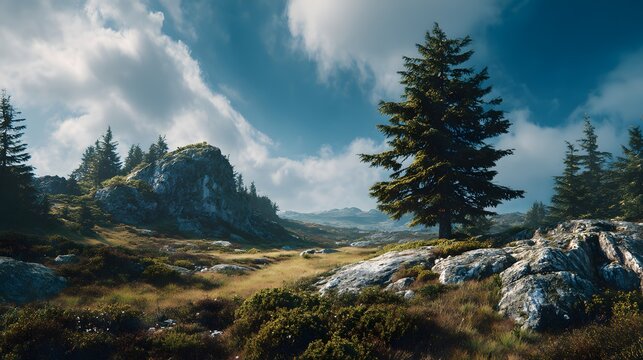 Lone pine tree stands in rocky meadow on hillside overlooking mountain range.