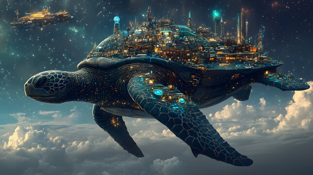 Sky Turtle City: A fantastic turtle-shaped vessel soaring through space, carrying a bustling metropolis on its back. The image captures the wonder and creativity of an imaginative.