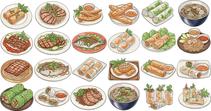Large collection of Vietnamese food vector illustrations including spring rolls pho noodle soup grilled meat and fish dishes isolated on white.