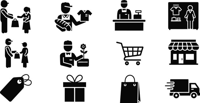 Retail and shopping icons depicting customer service products store elements with shopping bag