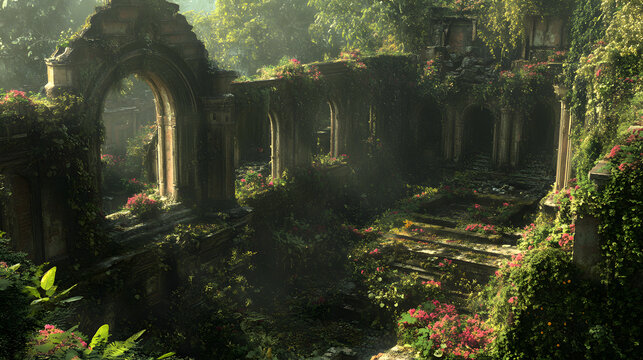 Enchanted Ruins: The crumbling remains of an ancient structure are slowly reclaimed by the tenacious embrace of nature. The stone arches and walls, now draped with vibrant green foliage.