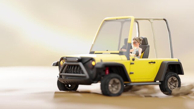Little girl drives yellow car in desert like empty space. Glare from the sun background. Cartoon Animation seamless loop , 3D Render.