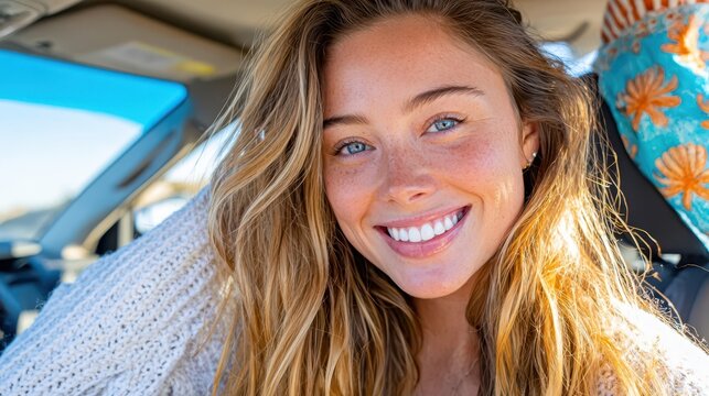 Smiling young woman with blonde hair and blue eyes relaxes inside a car during the day. She shows a bright smile, has natural freckles, and wears a cozy light-colored sweater