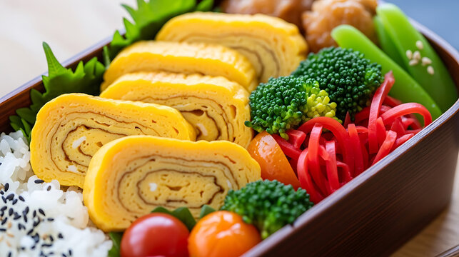 Bento box meal with rolled omelette broccoli pickled ginger rice, japanese food