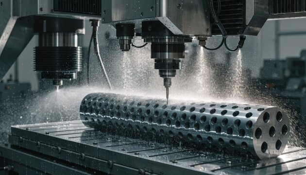Medium shot of CNC machine drilling holes in a tube sheet on a horizontal table coolant spraying to reduce heat and ensure precision during the metal fabrication process.