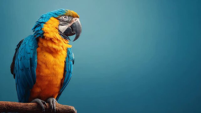 Macaw parrot tropical bird colorful feathers perched on wooden branch