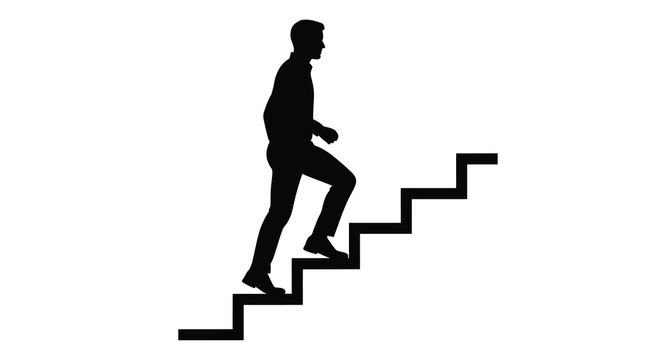 A silhouetted man ascends a set of stairs against a white background