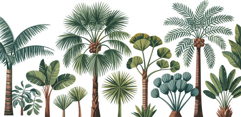 Obraz premium Collection of tropical palm trees and exotic jungle green leaves vector set isolated on white background for summer vacation beach poster designs.
