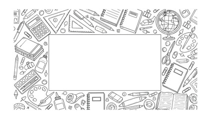 Obraz premium Stationery Study: A delightful array of study tools and equipment, from pencils to a globe, elegantly frame a blank space, perfect for educational concepts.