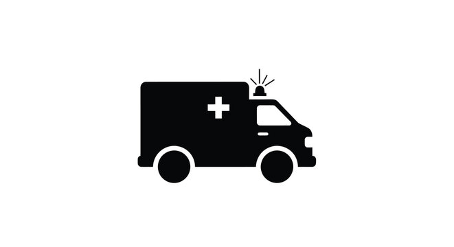 Simple black silhouette of an ambulance with a medical cross and lights