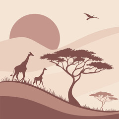 Naklejka premium Giraffes standing on a hill with trees