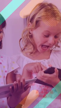 Vertical video: Three kids tapping tablets causing animated overlays across screen for learning