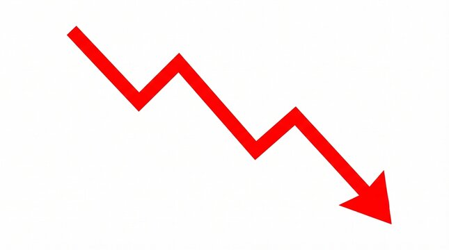 Red descending arrow graph on a white background representing financial loss, economic recession, stock market crash, and declining business trends in a minimalist flat design.