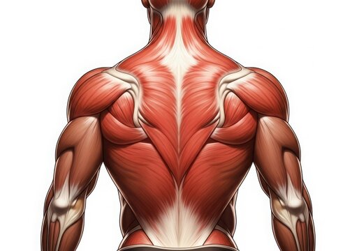 Detailed anatomical illustration of the human muscular system from the back view. isolated on white background