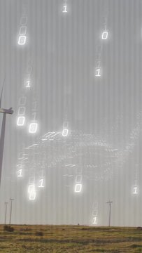 Vertical video: Second frame 0 and 1 symbols descending and clustering over turbine, showing data