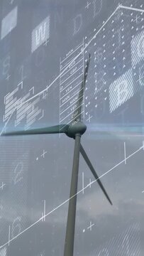 Wind gusts starting turbine spinning, bringing data overlay while charts tracking energy output