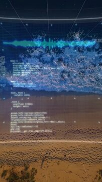 Vertical video: Aerial shore showing waves rolling while HUD activating reticle analyzing tech data