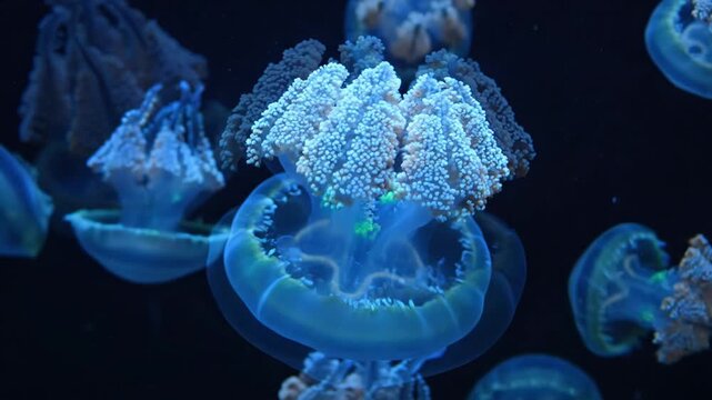 Group of translucent blue upside down jellyfish gracefully floating in dark ocean water, with their bioluminescent bodies creating an enchanting and hypnotic underwater display of marine life