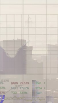 Vertical video: Finance HUD fading over hazy skyline, loader starting charts rising, showing stocks
