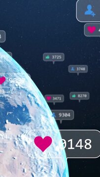 Vertical video: Globe holding like as new data making rising likes and follows showing social media