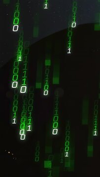Vertical video: Green numerals appearing, binary columns streaming down, revealing lit planet edge
