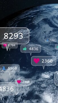 Vertical video: Bubbles appearing above Earth, shifting, changing counts, showing social metrics