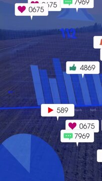 Vertical video: Camera panning, HUD showing pie and rising month bars, callouts for farm metrics