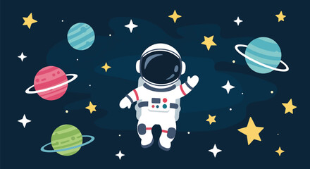 Flat style illustration of cute astronaut floating in space with stars and planets background, perfect for kids designs, nursery decor, and playful cosmic themes © Amie