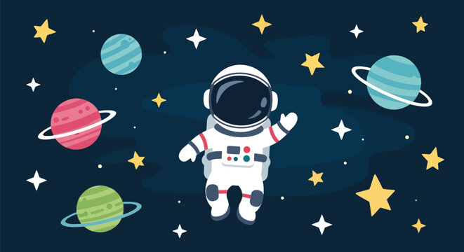 Flat style illustration of cute astronaut floating in space with stars and planets background, perfect for kids designs, nursery decor, and playful cosmic themes