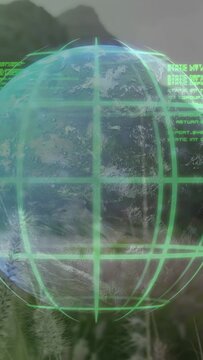 Vertical video: Globe rotating over mountain on play, grid pulsing, HUD text scroll for environment