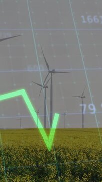 Vertical video: Grid appearing, turbines turning, green graph rising then dipping, showing power