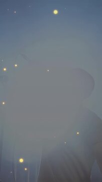 Vertical video: Male singer mic singing pointing as gold haze rising hiding then clearing for music