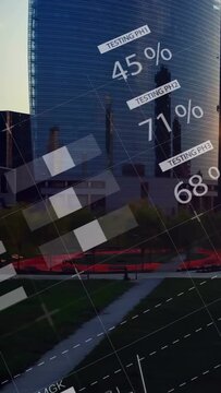 Vertical video: AR HUD activating over glass tower, sliding charts lowering gauge, showing tests