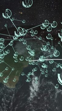 Vertical video: HUD activating over Earth, teal nodes linking, pulsing, showing global network