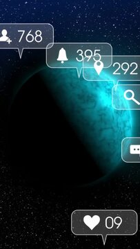 Vertical video: Teal planet resting amid stars, tech pings spawning numeric bubbles showing reach