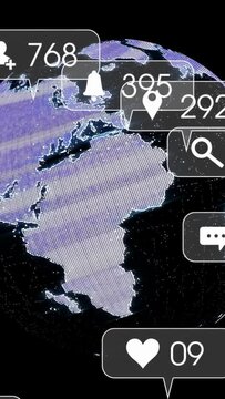 dotted globe rotating and revealing regions, causing callouts pulsing and displaying social metrics