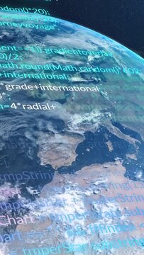 Vertical video: Camera tilting starting code stream scrolling over Earth, showing coastal data flow