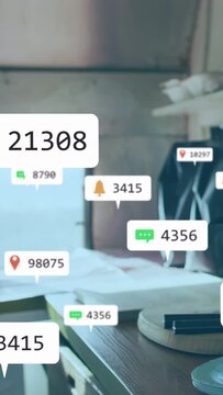 Vertical video: Phone ping making bubbles grow and move across counter drawing focus to coffee