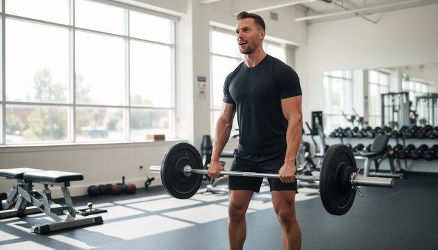 trong male athlete performing a heavy deadlift with a barbell in a spacious modern gym with large windows and daylight