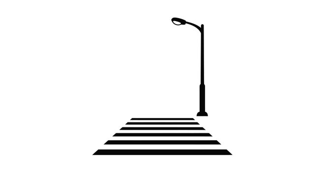 Simple black and white illustration of a street lamp and crosswalk