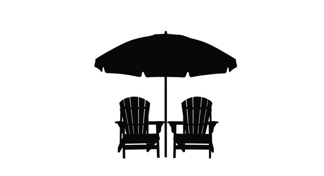 A black silhouette of beach chairs and a parasol against white