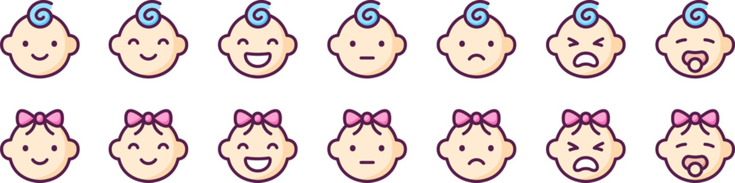 Baby face emotions and facial expressions colored icon set. Cute infant avatars with happy, sad, and crying moods. Vector illustration for parenting apps and kids web design