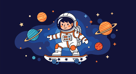 flat style illustration of cute astronaut riding skateboard in outer space with colorful planets and galaxy background, playful cosmic adventure for kids design © Amie