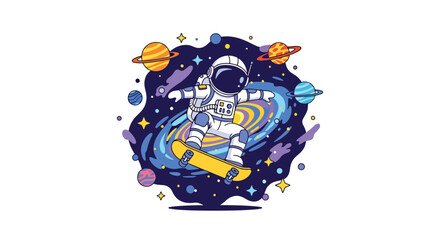 flat style illustration of cute astronaut riding skateboard in outer space with colorful planets and galaxy background, playful cosmic adventure for kids design © Amie