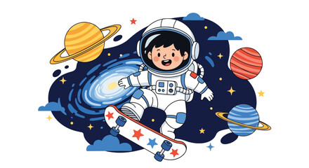 flat style illustration of cute astronaut riding skateboard in outer space with colorful planets and galaxy background, playful cosmic adventure for kids design © Amie