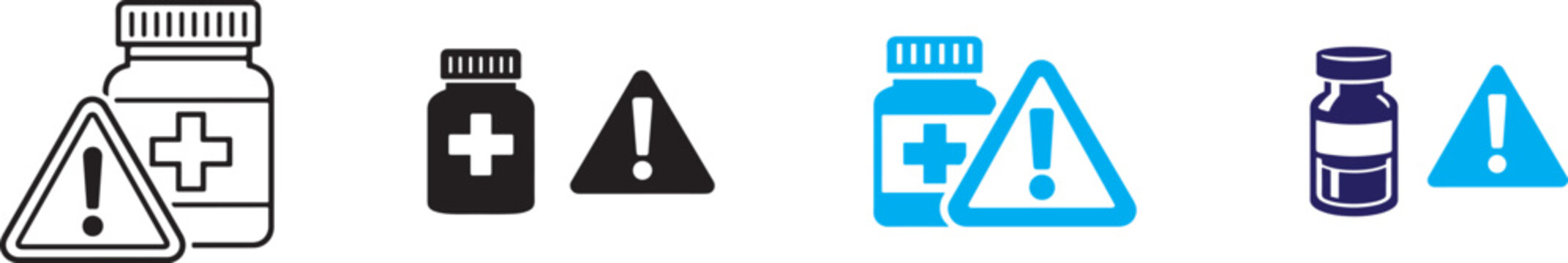 Side effect icon set with warning triangle and medicine bottle showing drug risk and caution use.