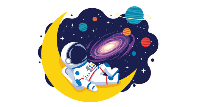 Flat style illustration of cute astronaut lying on moon looking at stars with galaxy background, ideal for bedtime themes, nursery decor, and calming space designs