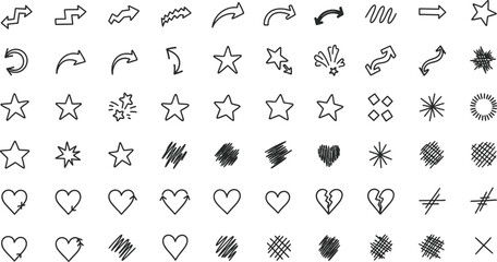 Fototapeta premium Various hand-drawn doodle icons include arrows, stars, exclamation marks, hearts, and scribbled shapes for creative design elements.