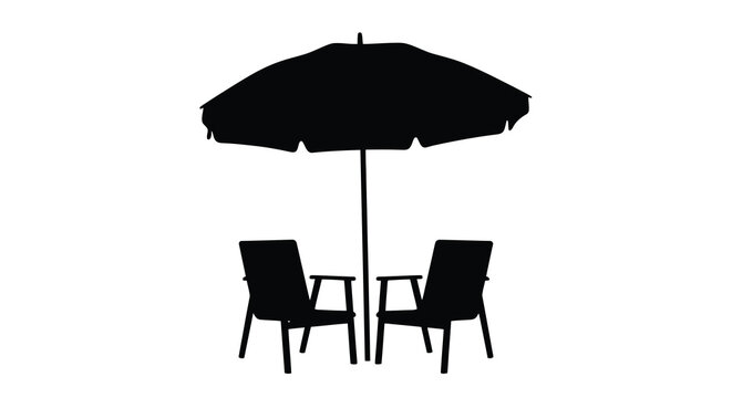 A black silhouette of a beach umbrella with two lounge chairs